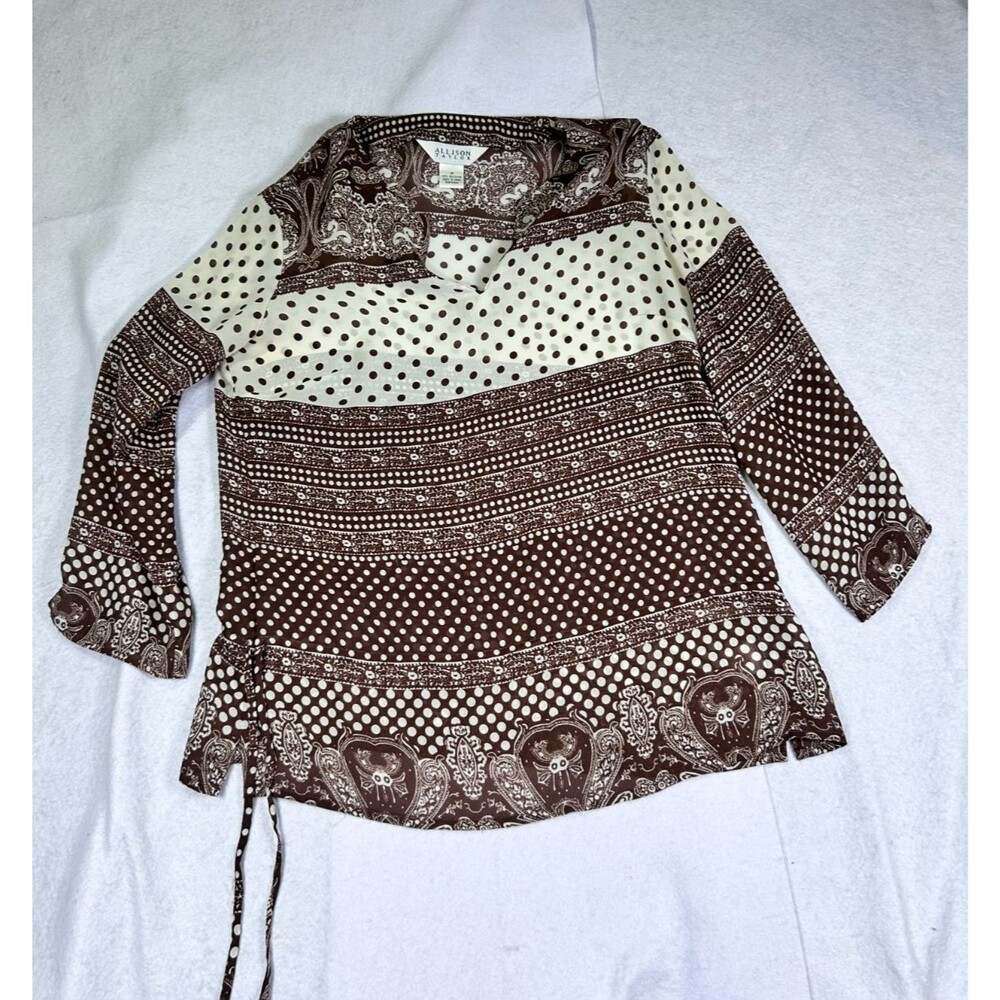 Allison Taylor Tunic Blouse Medium Brown Paisley Polka Dot V-Neck Shirt